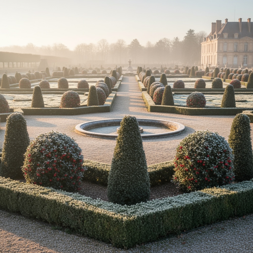 Evergreen shrubs in winter garden