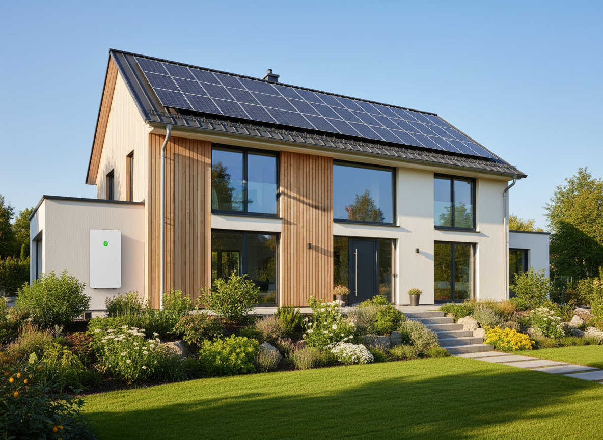 Modernes Haus mit Solaranlage und Stromspeicher