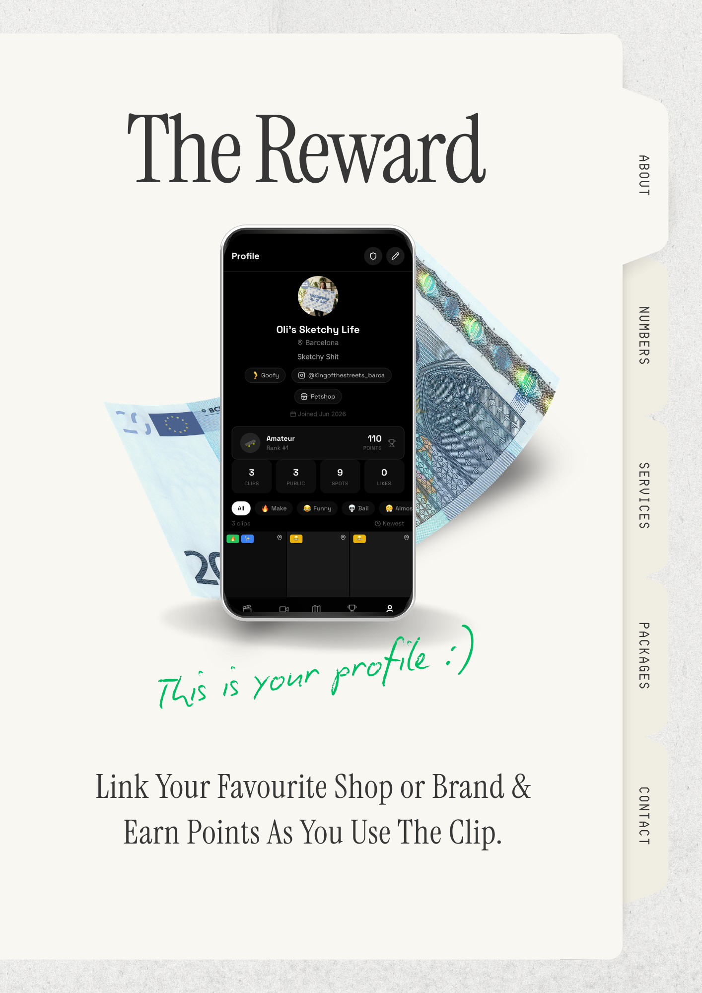 The Clip profile screen showing points, rank, and linked shop with euro bills in the background