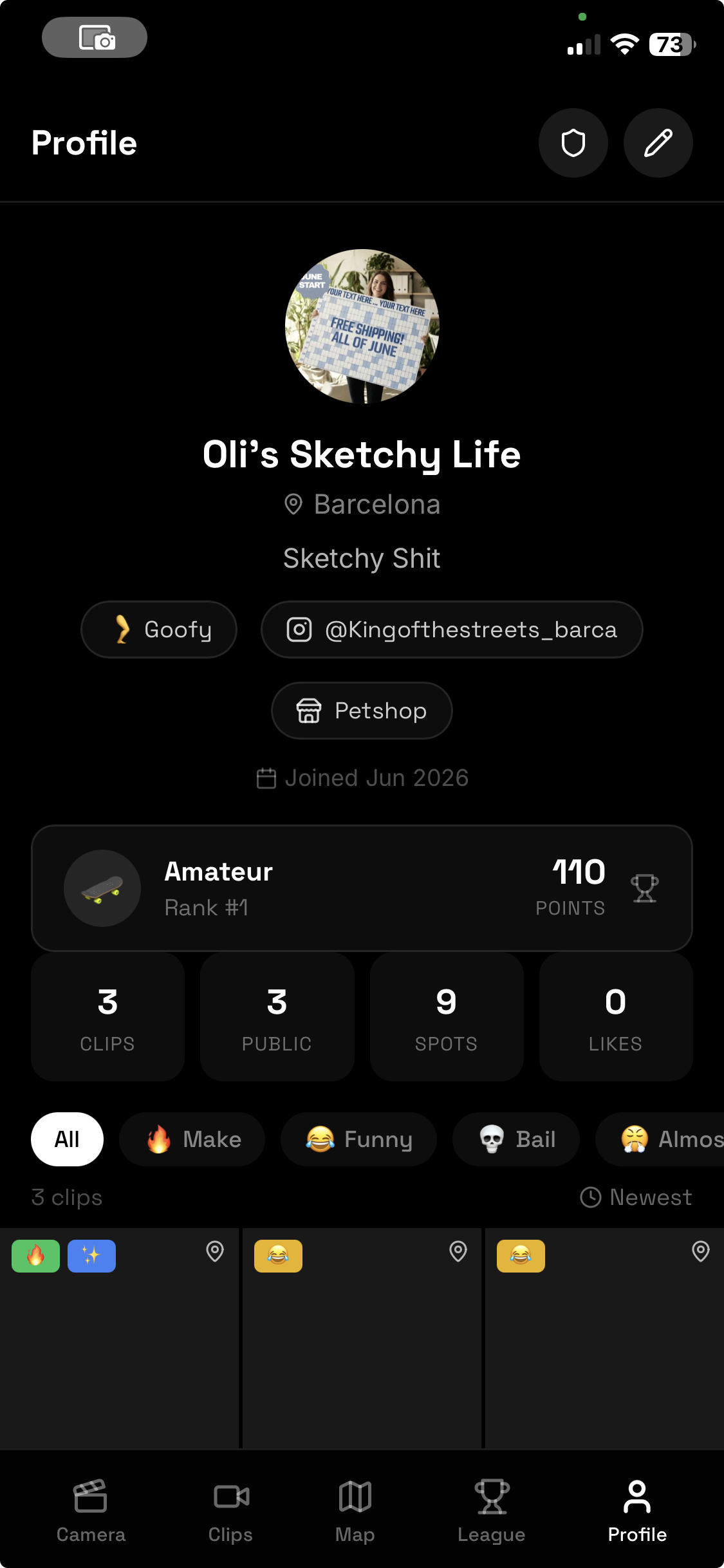 The Clip rider profile showing Oli's Sketchy Life — Amateur rank, 110 points, linked to Petshop brand