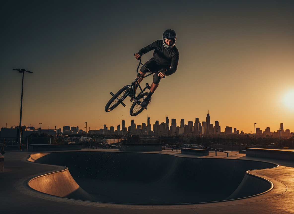 BMX rider performing an aerial trick at an urban skatepark