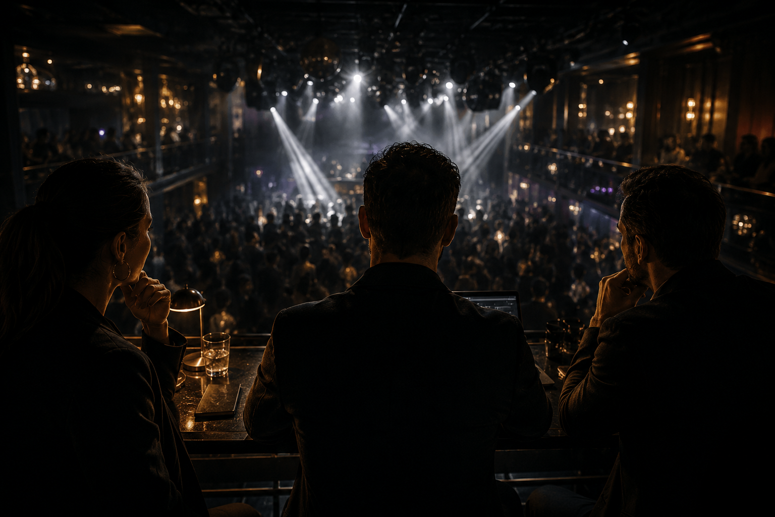 Venue operators overlooking a packed nightclub crowd with stage lights