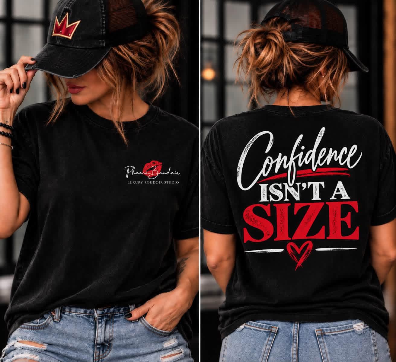 Phoenix Boudoir merch β Confidence Isn't A Size tee