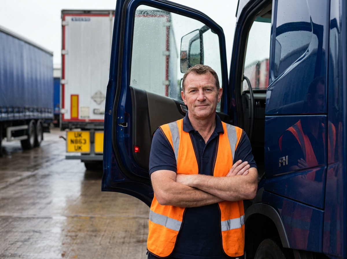 Professional HGV driver standing by his cab