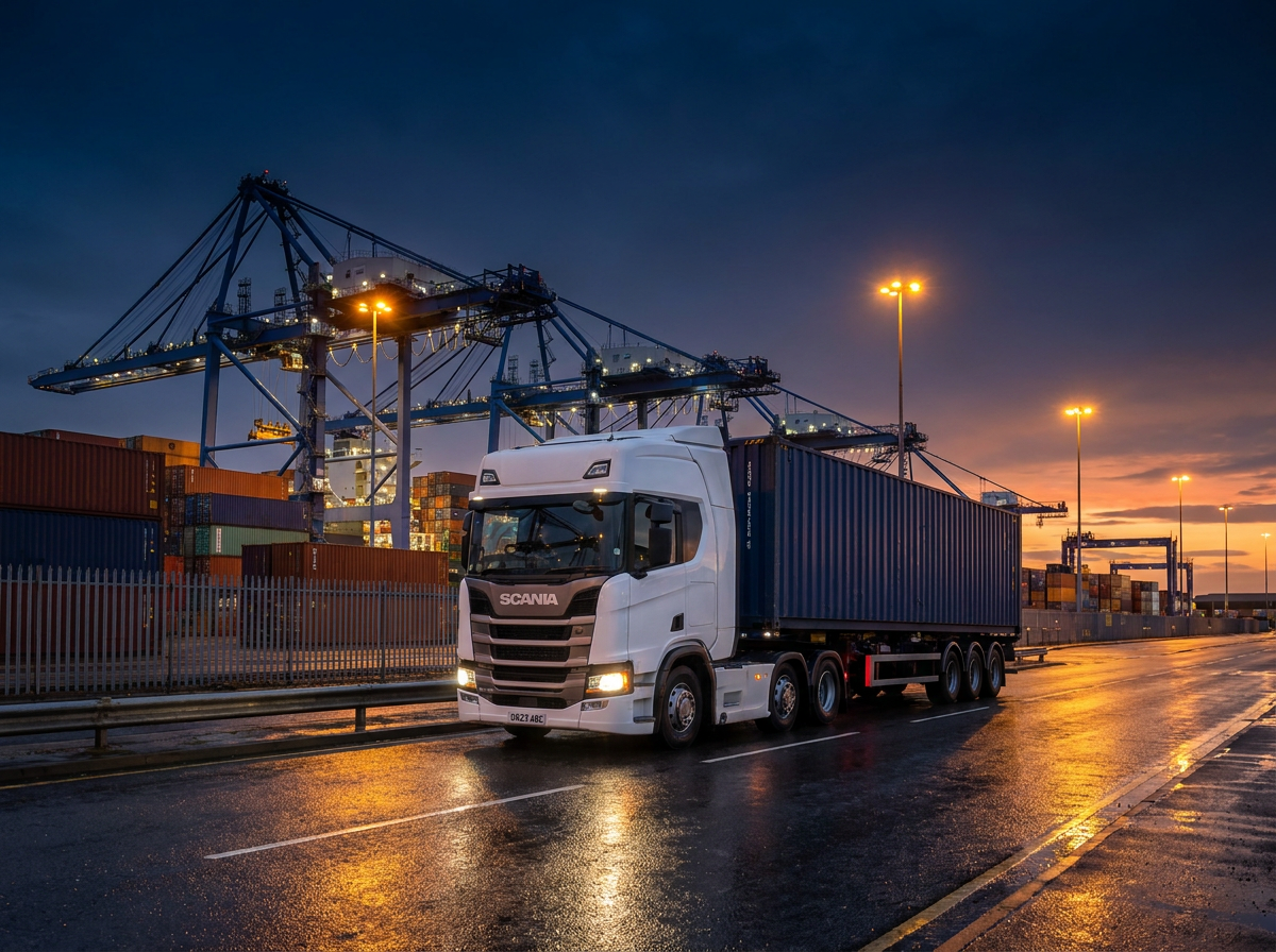 Container lorry at Felixstowe port at dusk