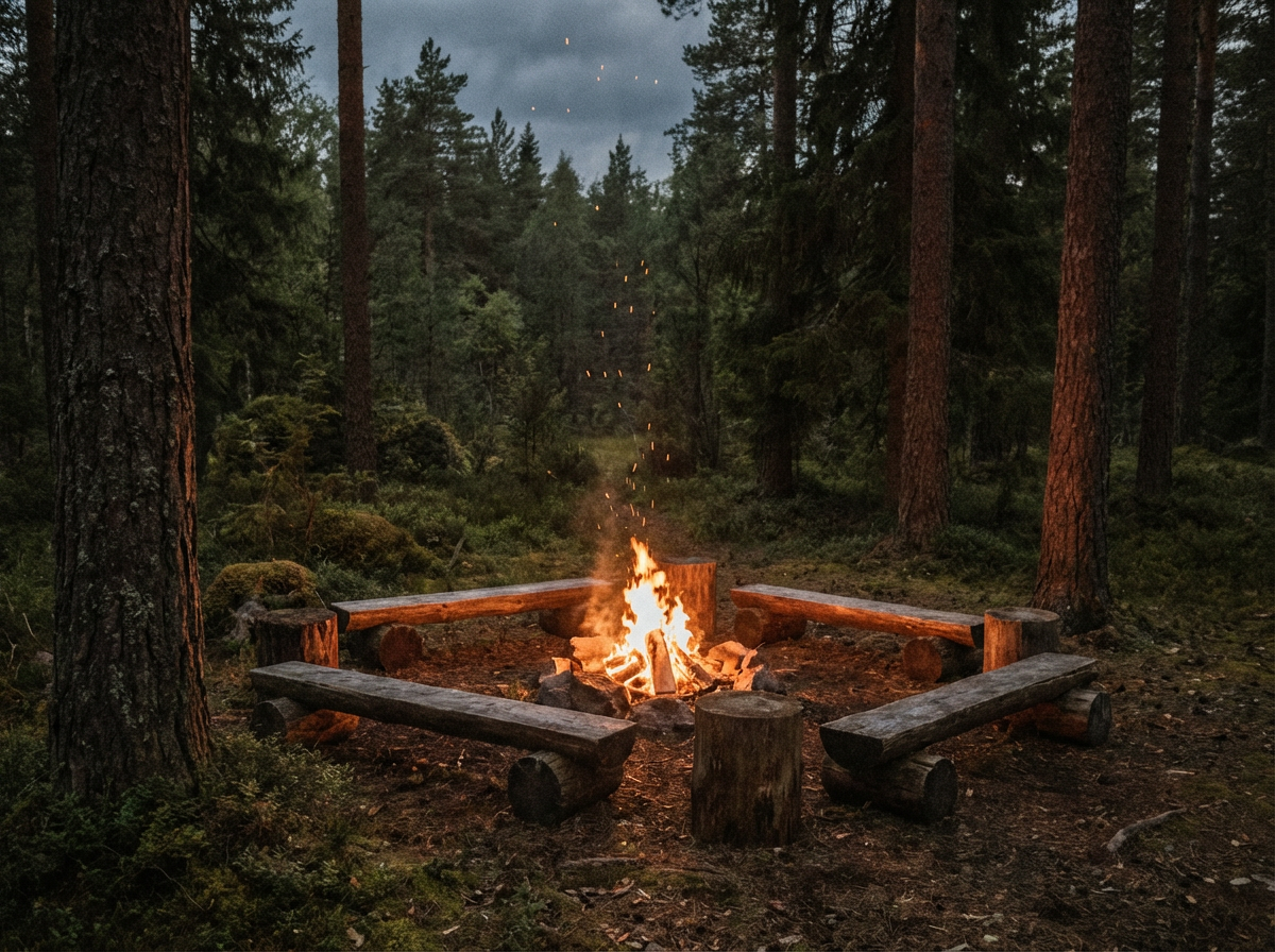 Campfire with log seats in a forest clearing