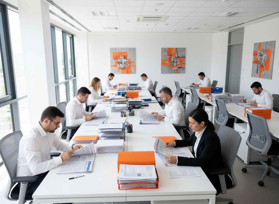 Ομάδα λογιστών εξετάζει νομοθετικά έγγραφα και ΦΕΚ σε σύγχρονο γραφείο, χωρίς λογότυπα