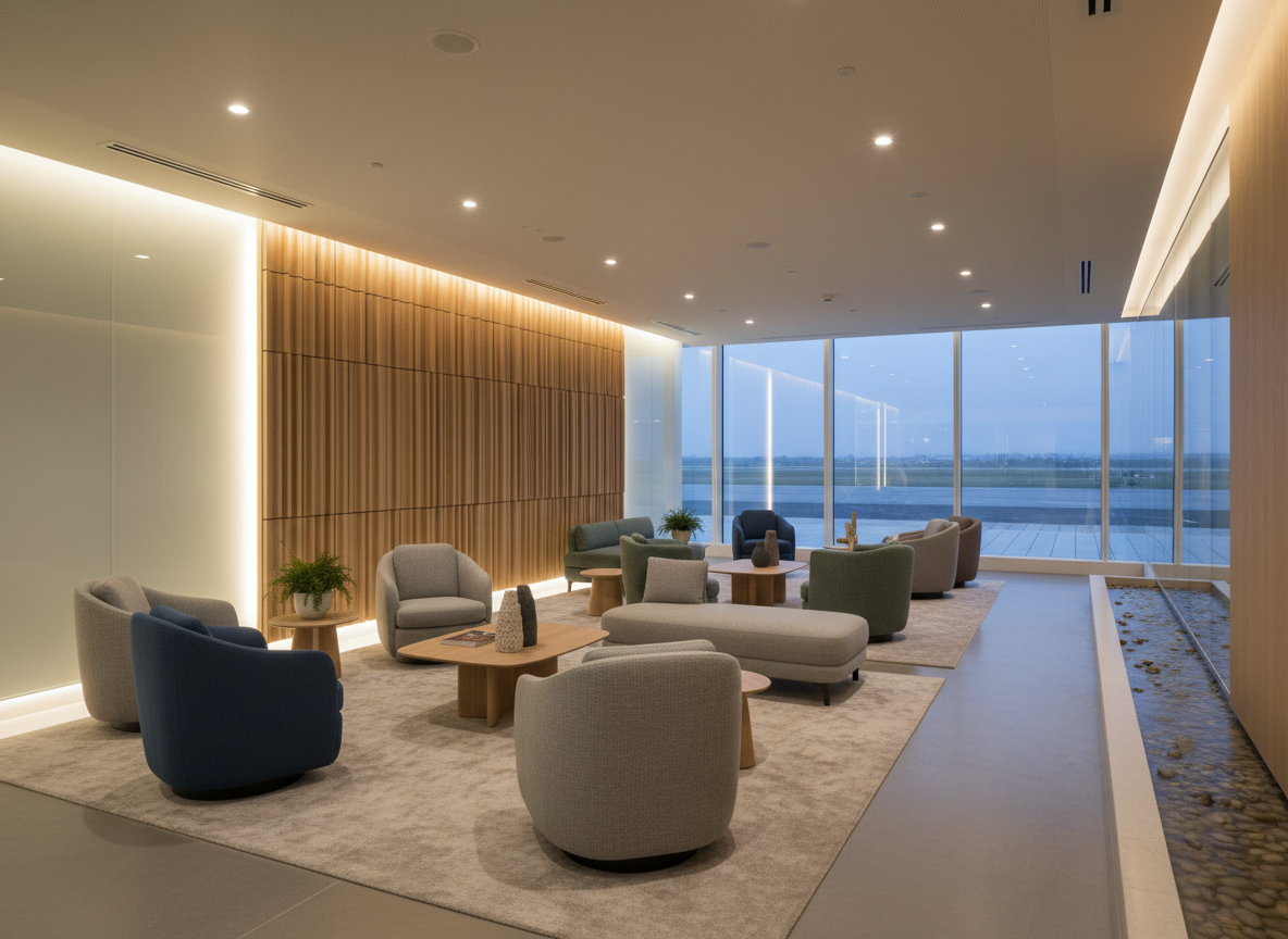 Calm, softly lit quiet room inside a modern UK airport, designed for neurodivergent and sensory-sensitive passengers