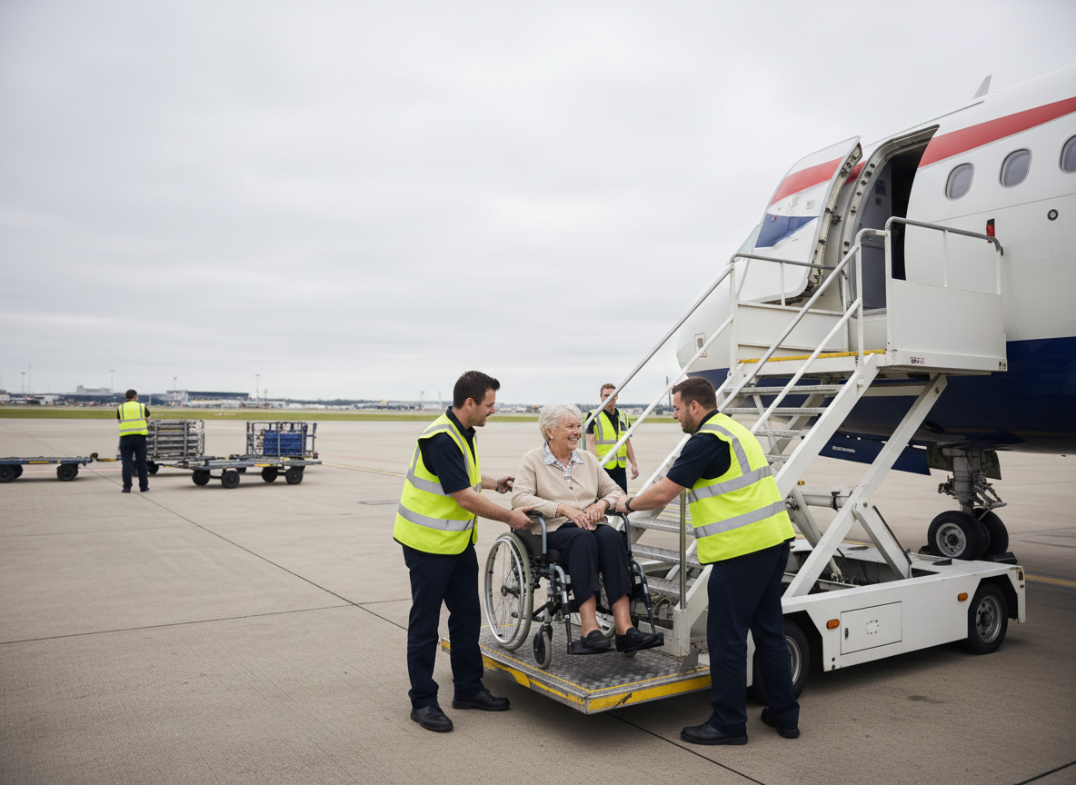 Passenger being assisted boarding an aircraft via an ambulift at a UK airport