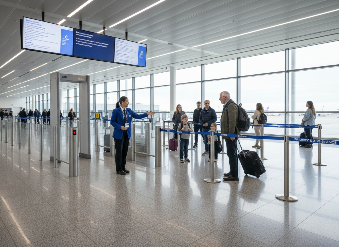 Dedicated priority security lane at a UK airport with assistance staff guiding a passenger