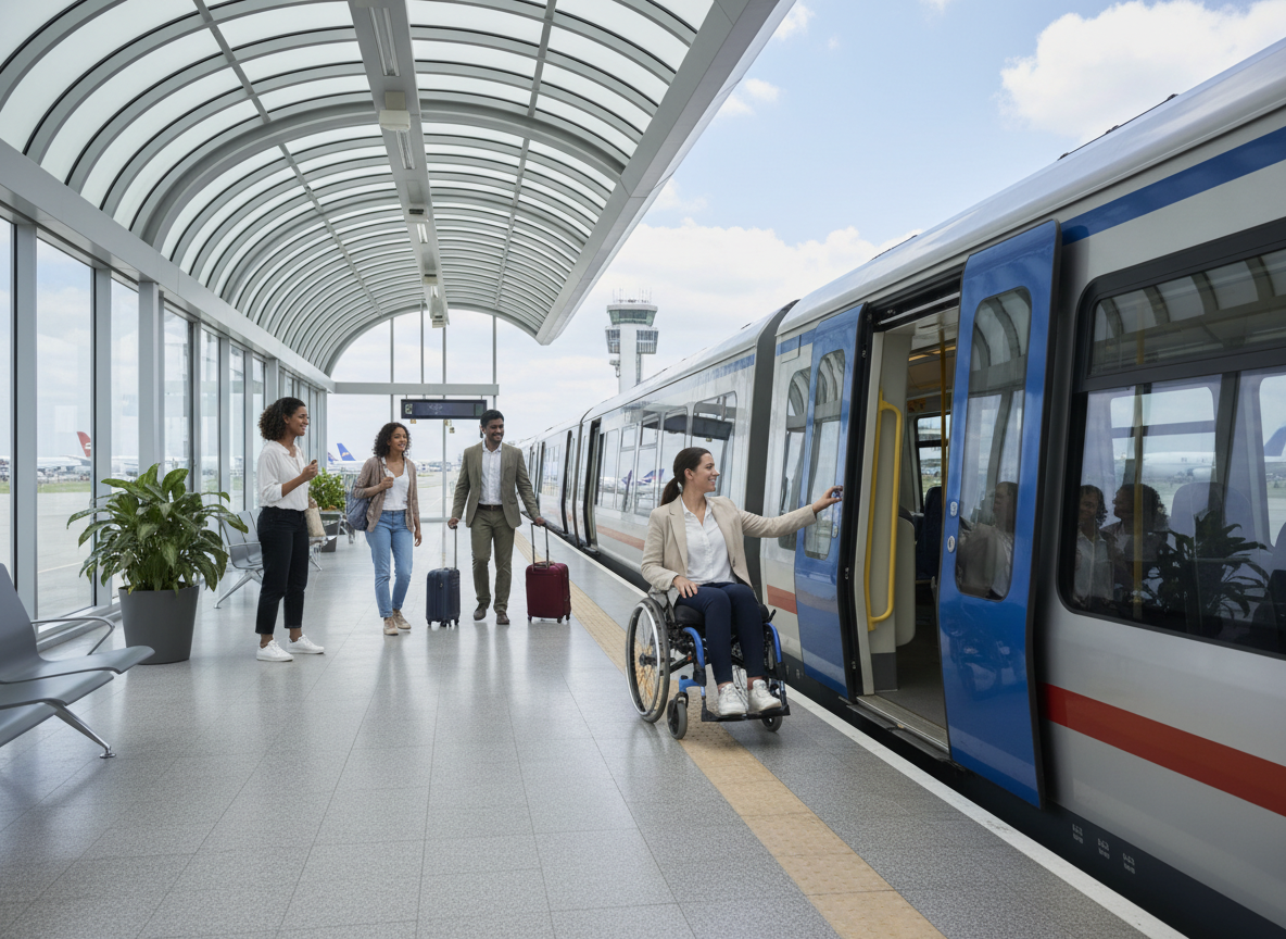 Step-free accessible train platform at a UK airport with a wheelchair user boarding