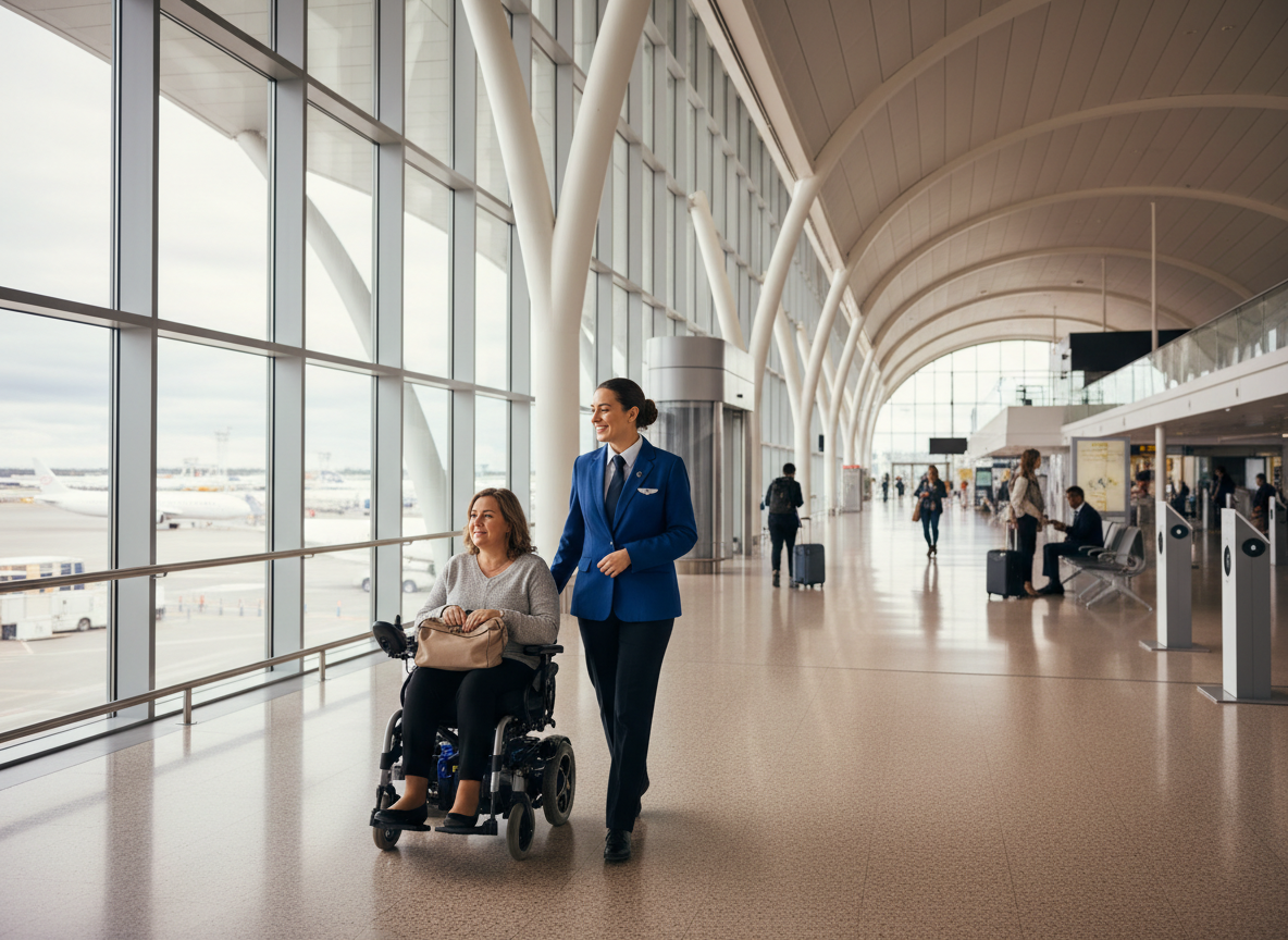 Airport assistance staff member helping a passenger in a wheelchair through a modern UK airport terminal