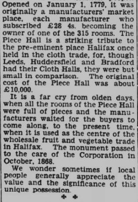 Historical printed clipping referencing the opening date and purpose of The Piece Hall