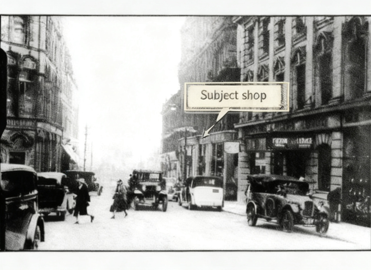Silver Street street scene with subject shop highlighted (AI-enhanced black-and-white)