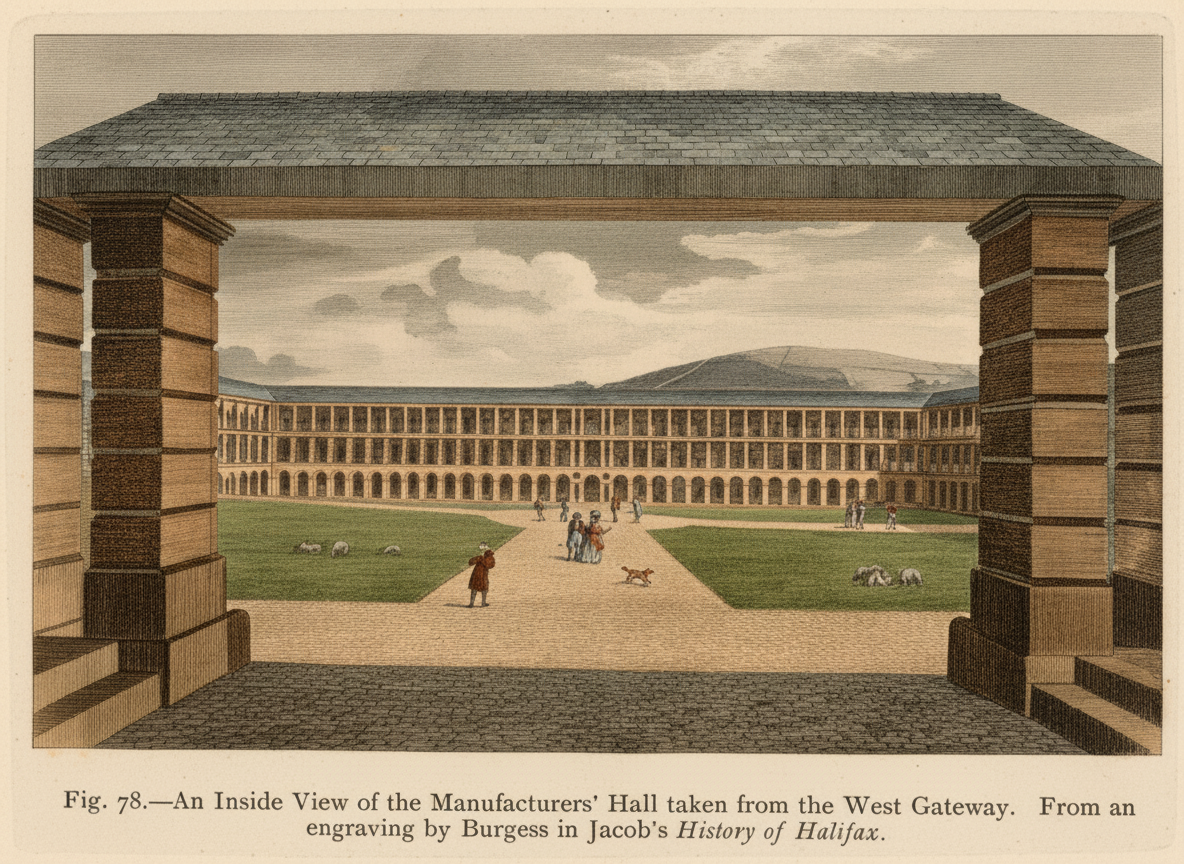Engraving: Inside view of the Manufacturers' Hall (Piece Hall), taken from the West Gateway