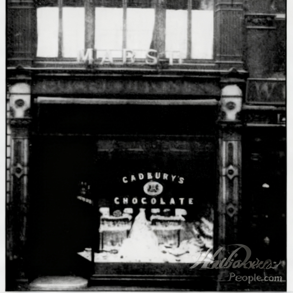 Marsh shopfront window with Cadbury's Chocolate display (AI-enhanced black-and-white)