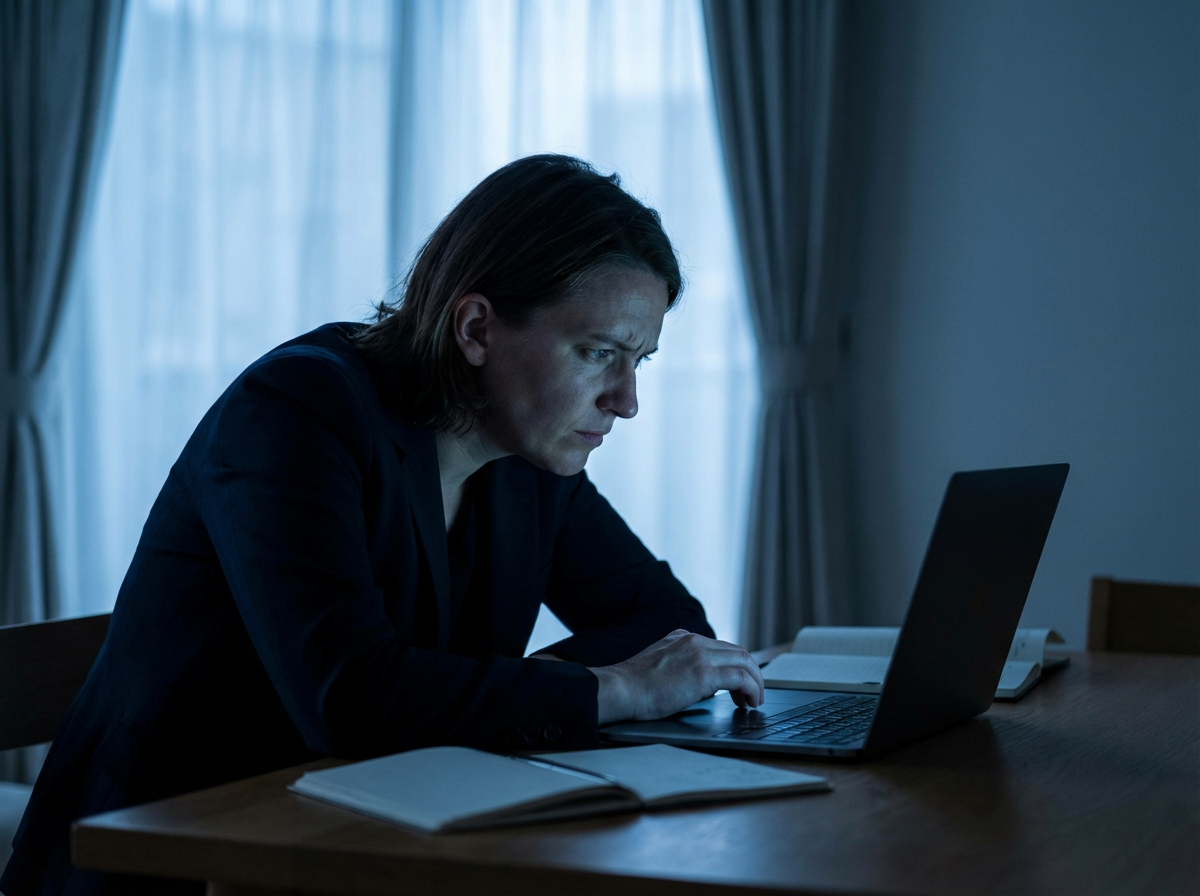 Person at a laptop with a concerned expression, representing online romance scam vulnerability