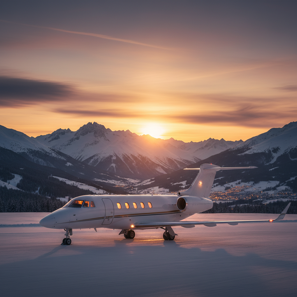 Private jet on snowy runway at sunset