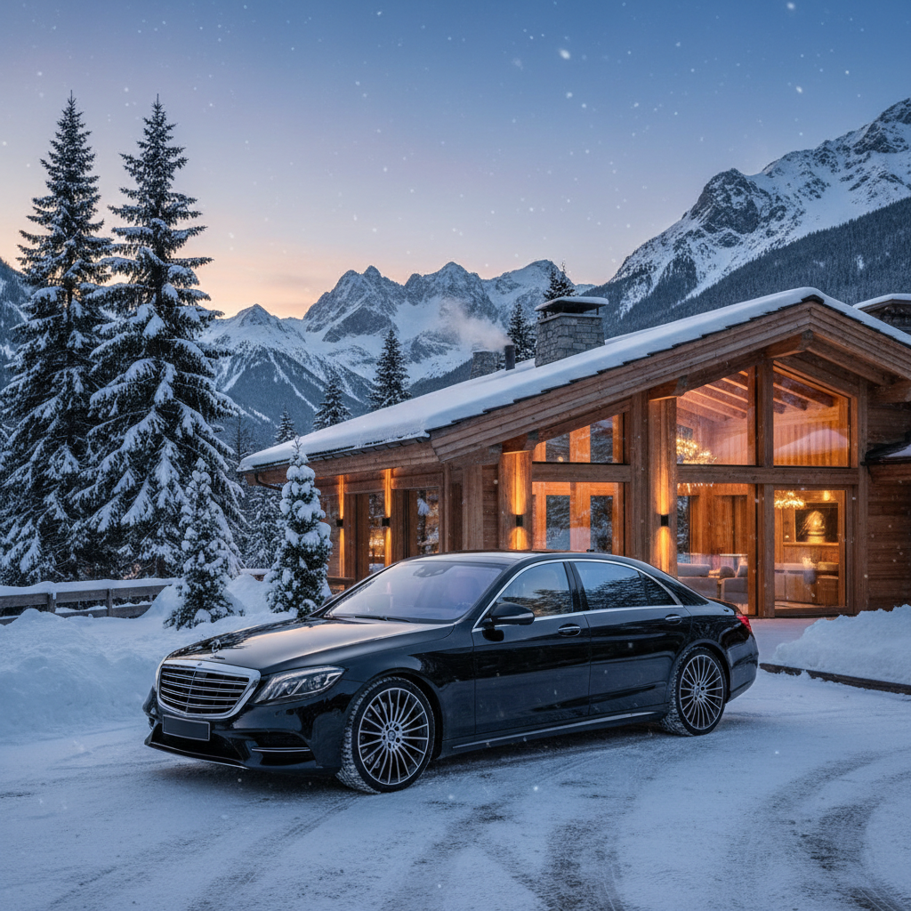 Luxury car in a snowy mountain setting, high-end black Mercedes or similar parked near a chalet, snow-covered trees and mountains in the background, dusk light, ultra luxury travel photography, very sharp, cinematic, no text