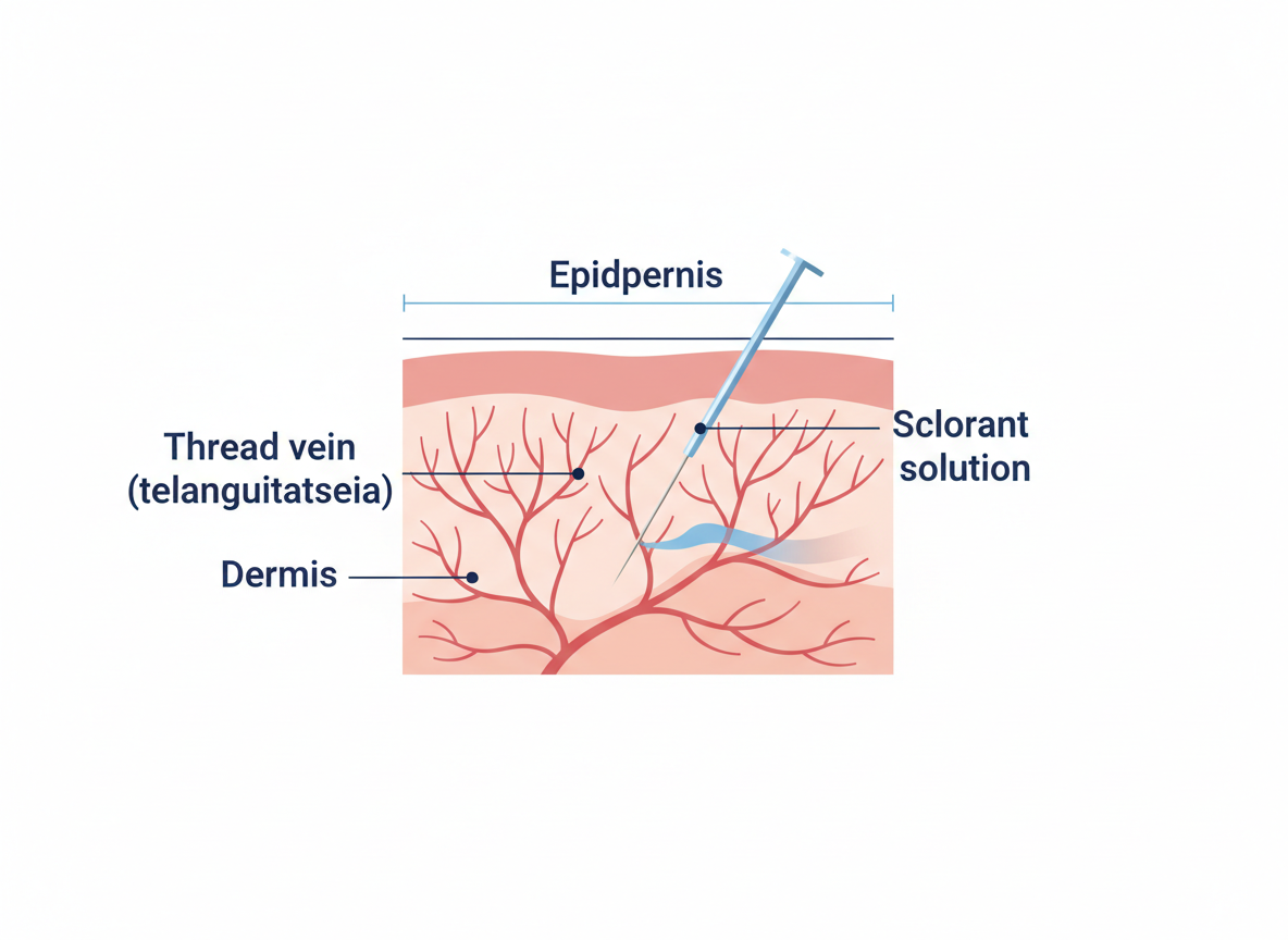 Microsclerotherapy for thread veins: a fine needle injects sclerosant solution into a superficial thread vein (telangiectasia) beneath the skin