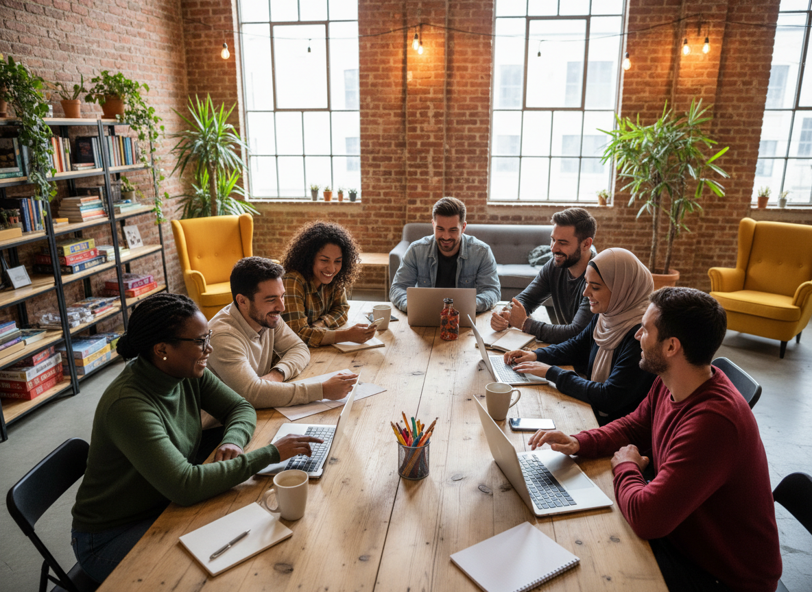 Diverse group of people collaborating in a coworking space