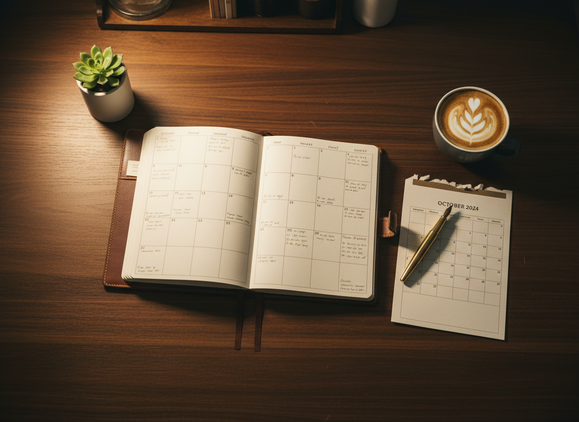 Elegant overhead flat-lay of a premium leather planner, monthly page, gold fountain pen, and artisan coffee on a dark walnut desk
