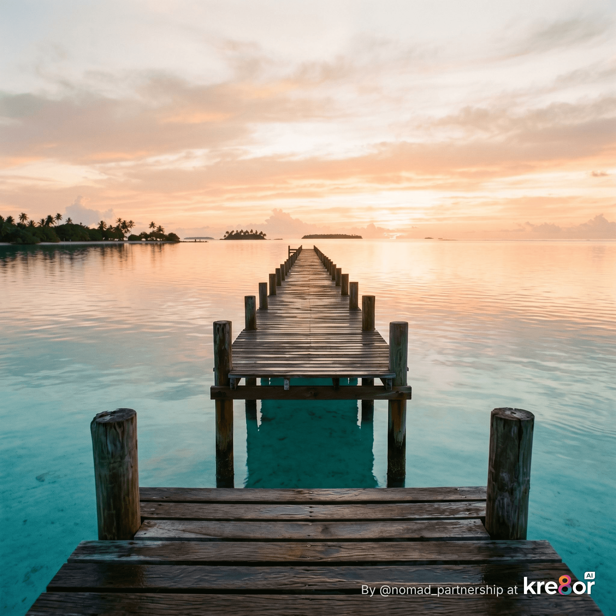An empty wooden jetty stretching out over still turquoise water toward a glowing dawn horizon — evoking the feeling of standing at the start of something new