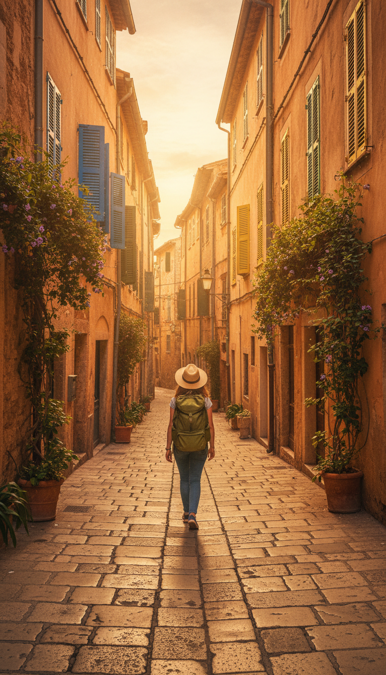 Traveller exploring a Mediterranean old town — the inspiration behind The Nomad Partnership's travel clothing