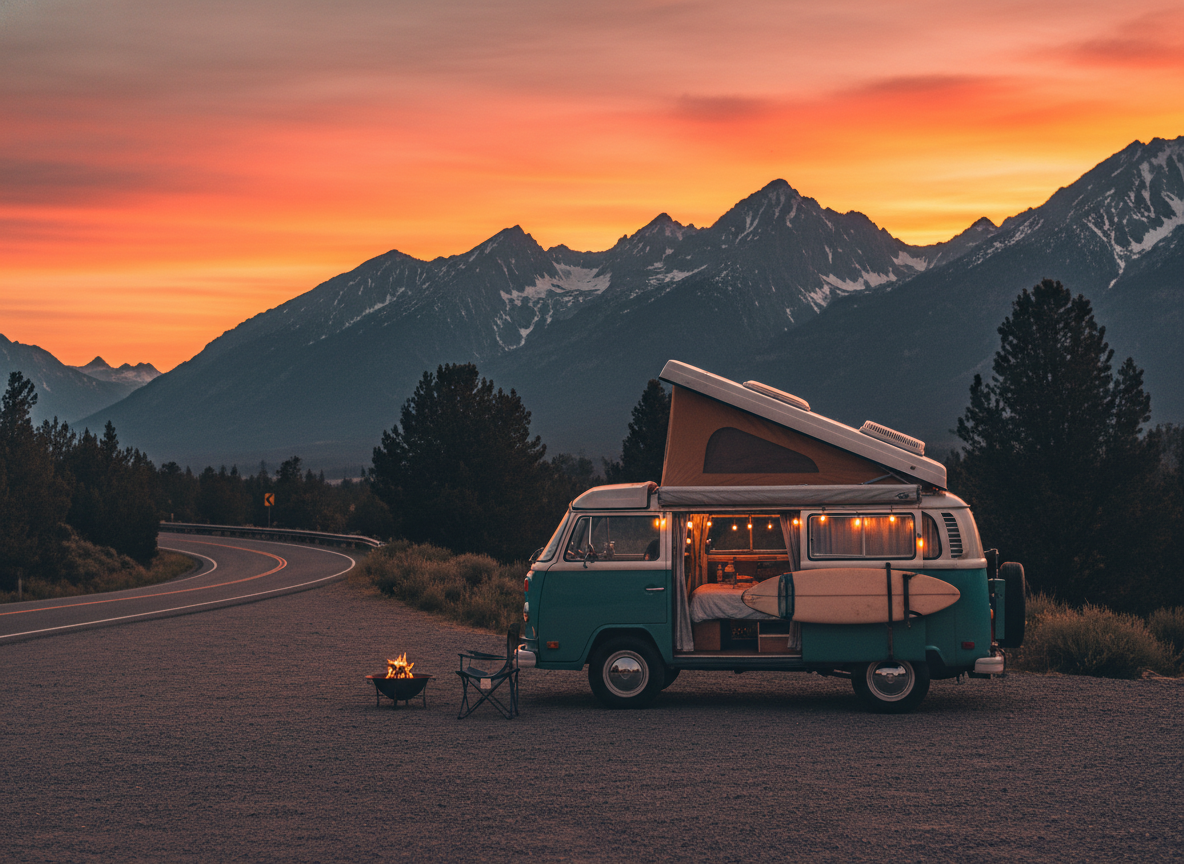 Camper van at golden hour — vanlife apparel collection by The Nomad Partnership
