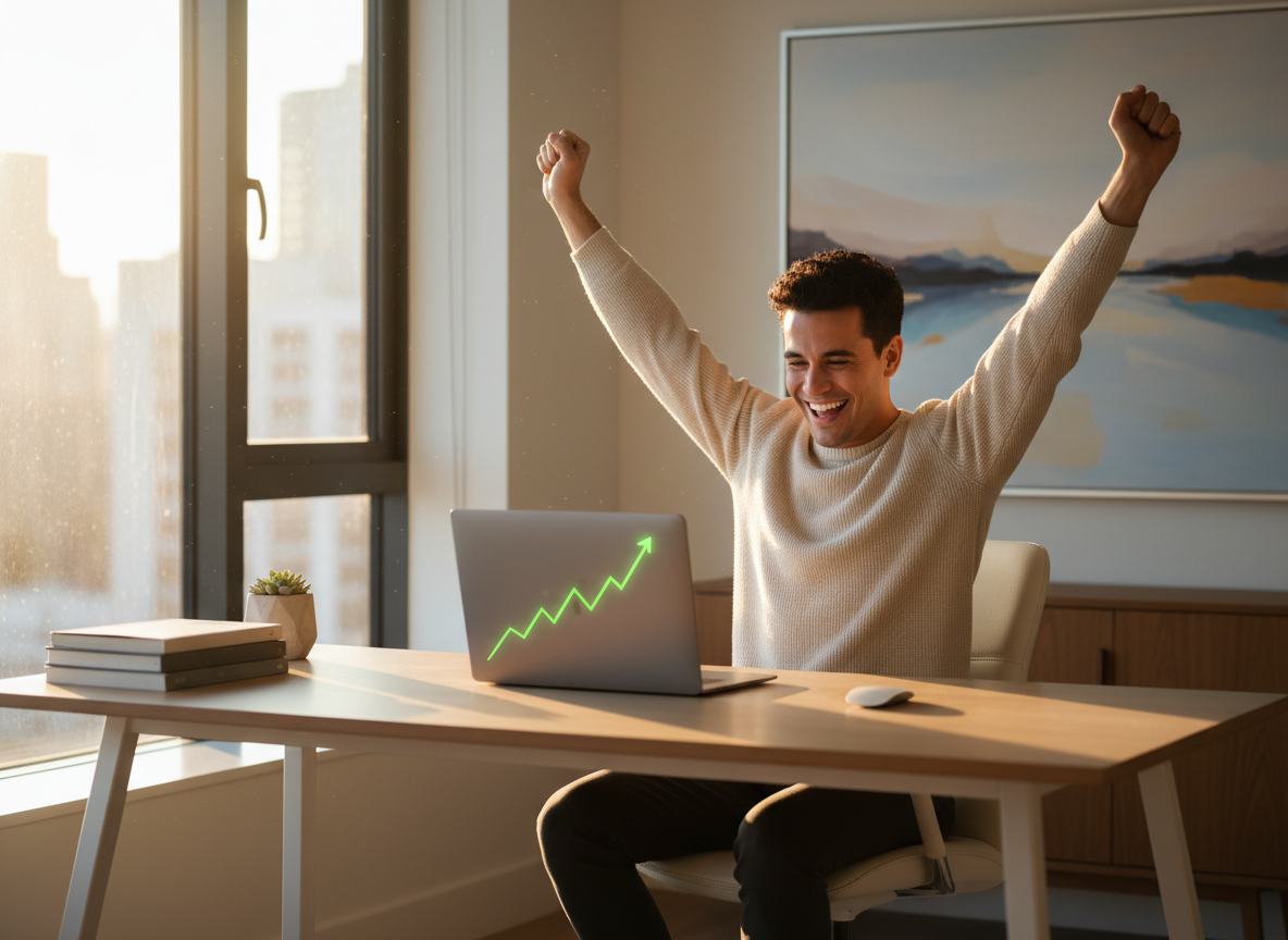 Person celebrating growth and success at their desk