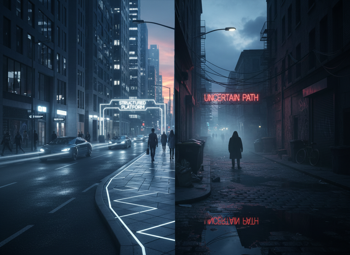 Two paths diverging representing the choice between platforms