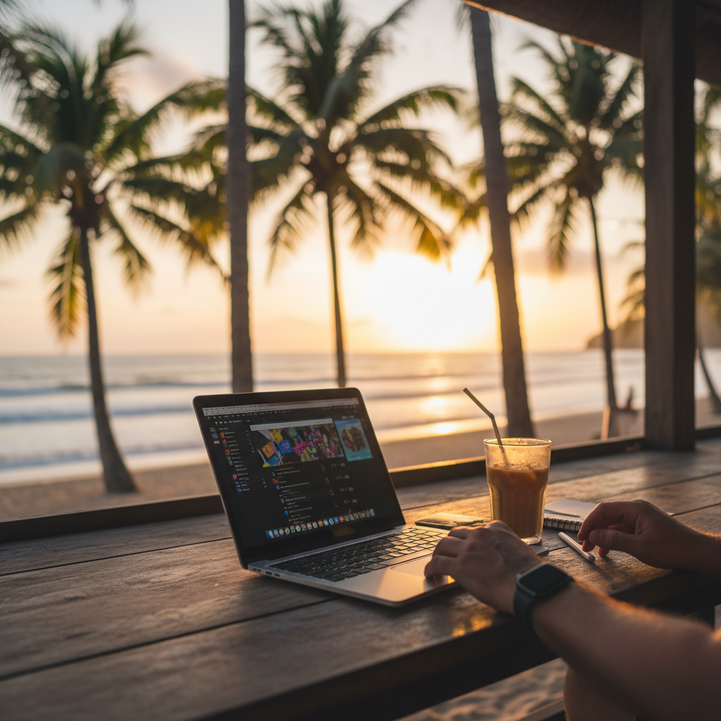 Remote worker wearing travel-inspired apparel from The Nomad Partnership