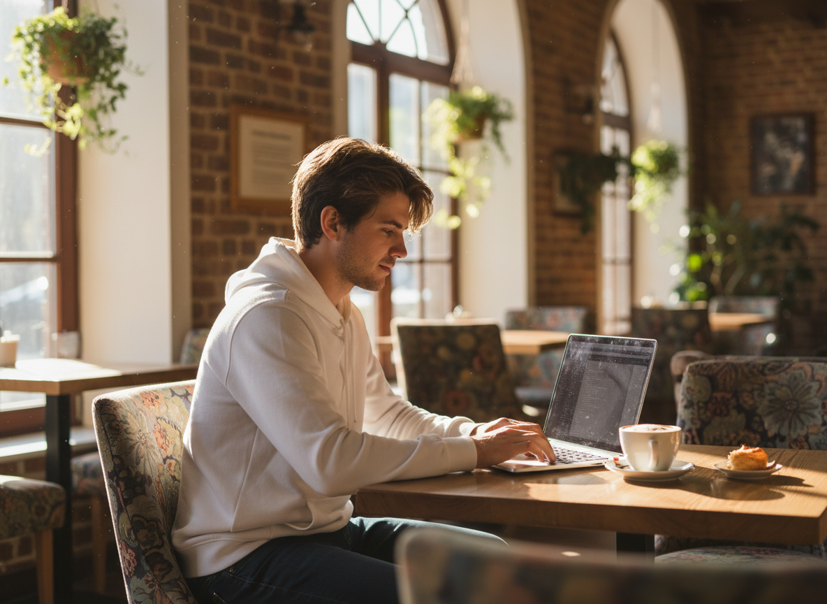 Digital nomad working remotely with travel-inspired clothing from The Nomad Partnership