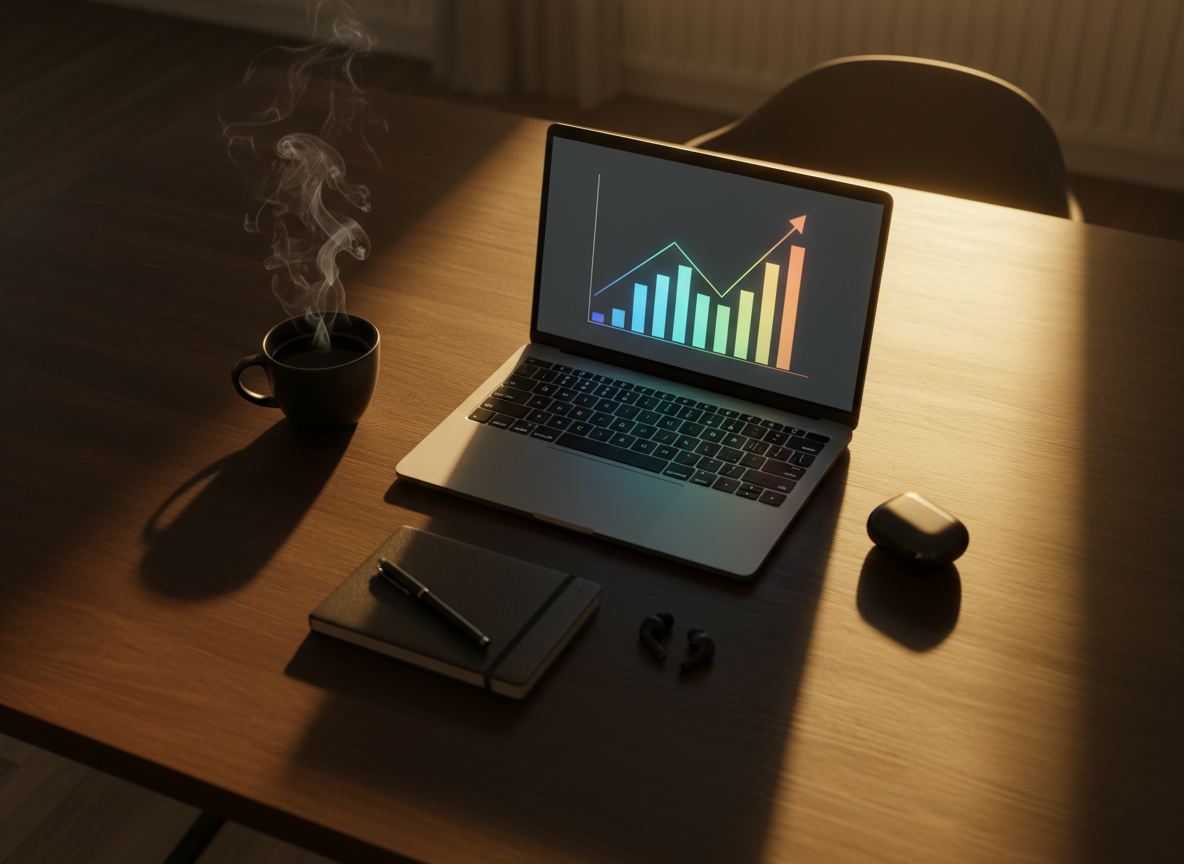 Atmospheric workspace with laptop showing analytics and warm golden light