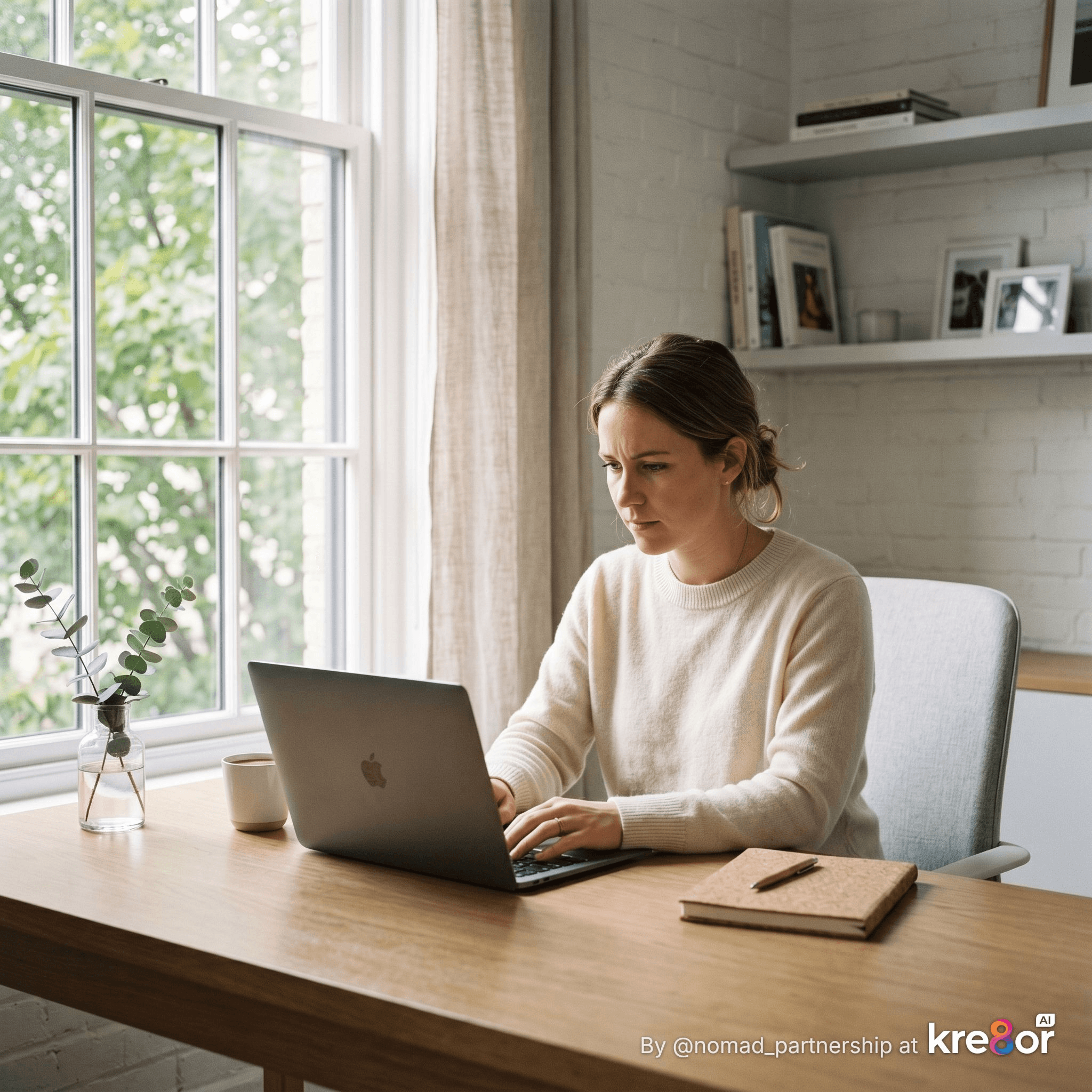 A person focused at a clean, bright home workspace with a laptop and notebook — representing structured online learning and affiliate marketing training