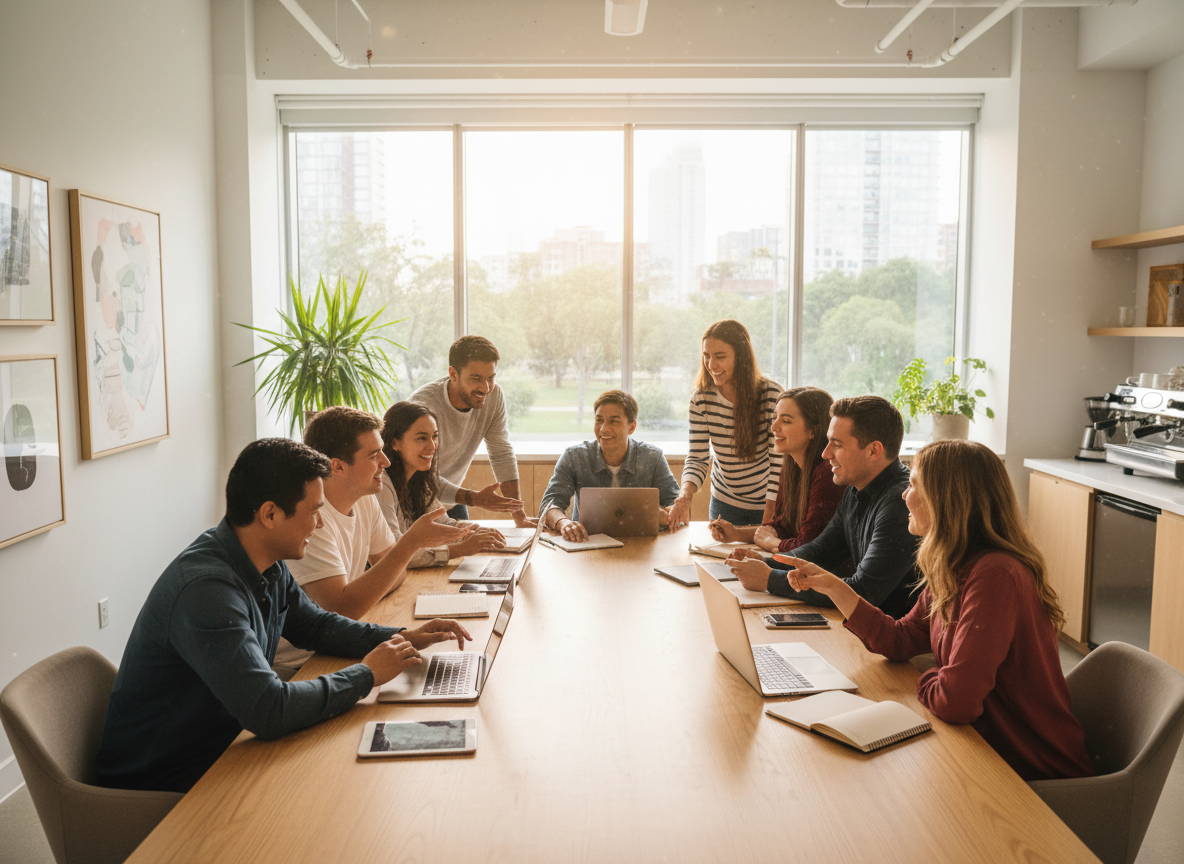 People collaborating in a bright workspace