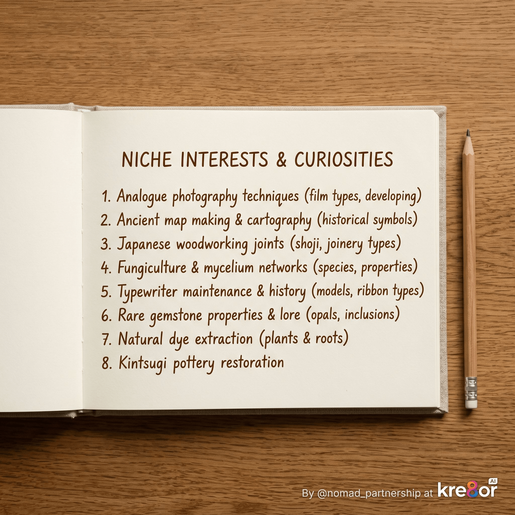 Overhead flat-lay of an open notebook showing a brainstormed list of niche ideas and curiosities, with a pencil resting beside it