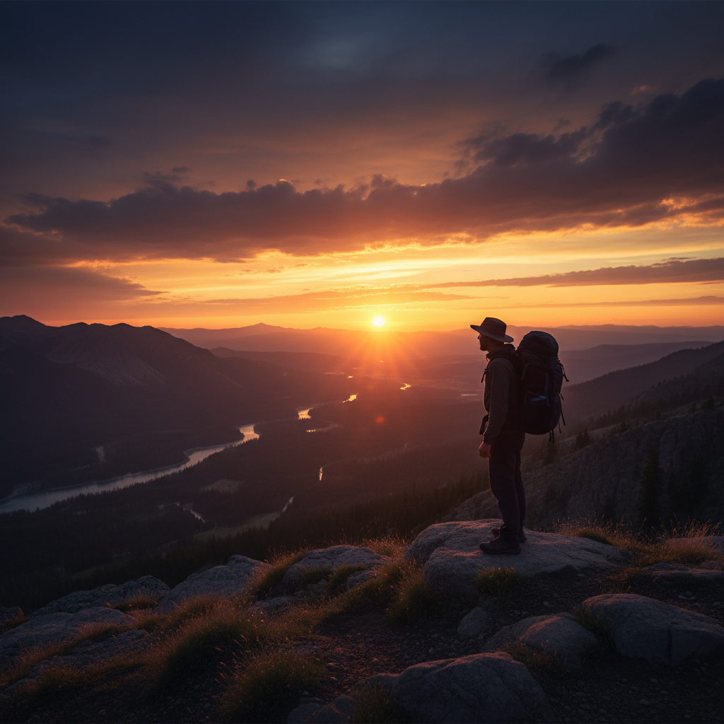 Traveller at sunset wearing wanderer collection clothing by The Nomad Partnership