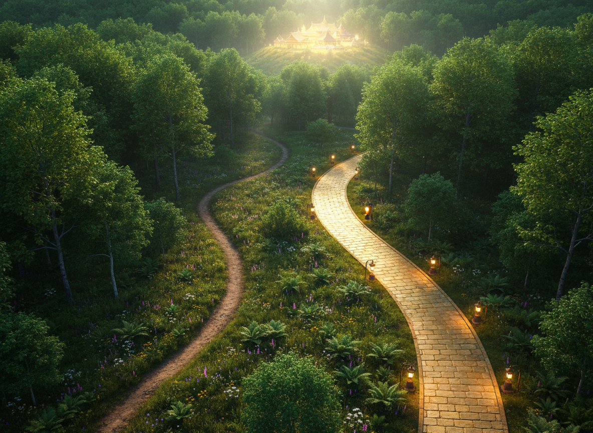 Two contrasting paths diverging in a lush forest — a simple trail through wildflowers and a golden stone pathway leading to a glowing hilltop destination