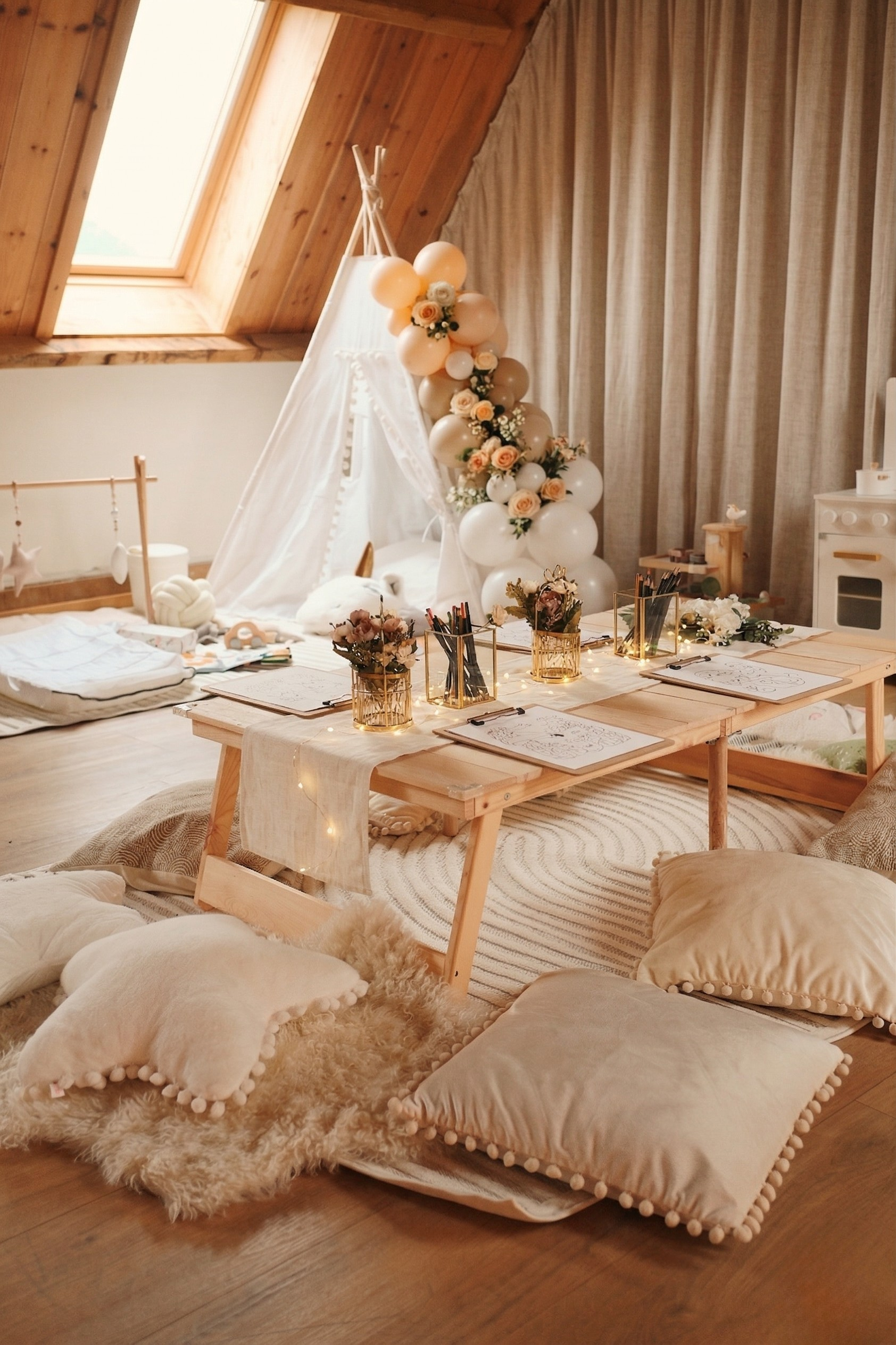 Gestylde knutseltafel met bloemen, potloden en tipi tijdens een bruiloft
