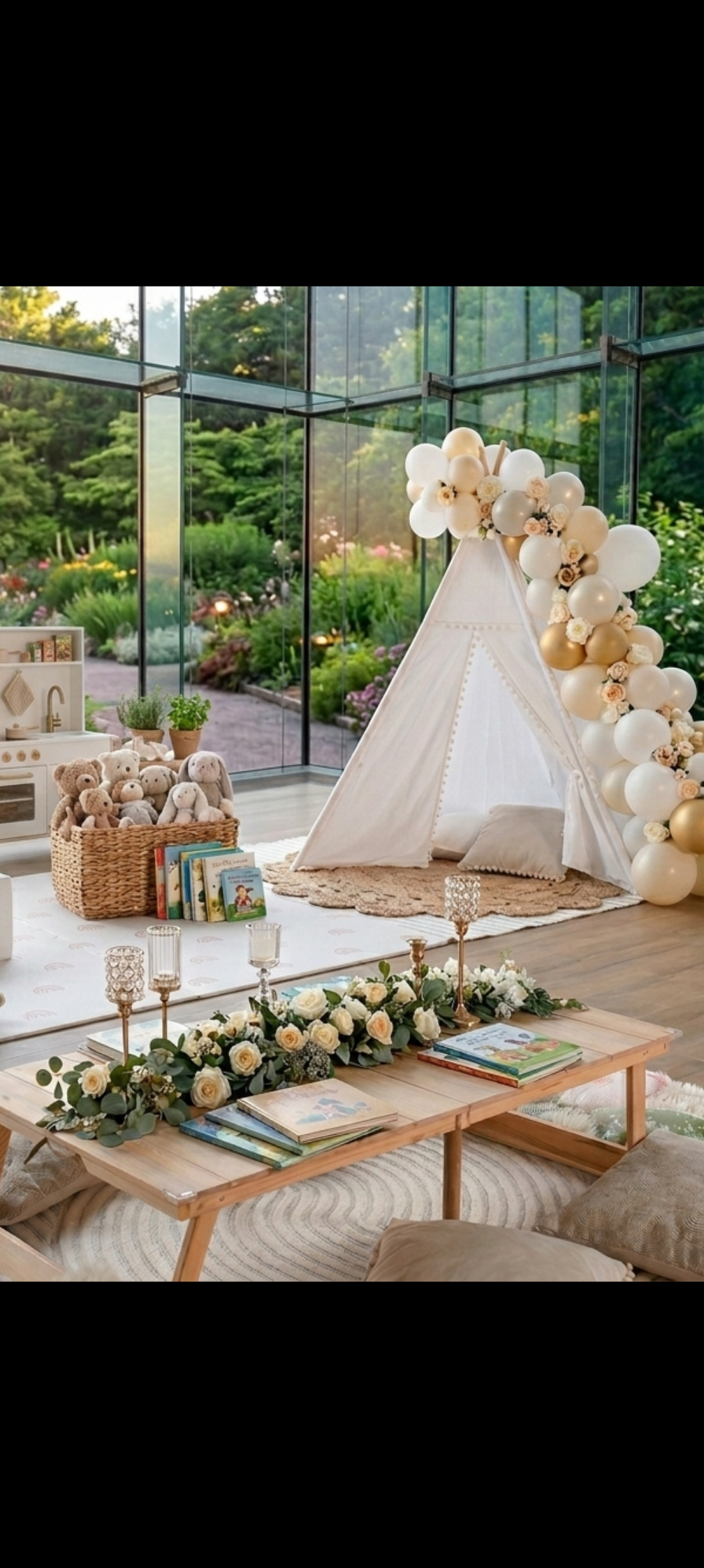 Styling tipi speelhoek met ballonnen en boeken
