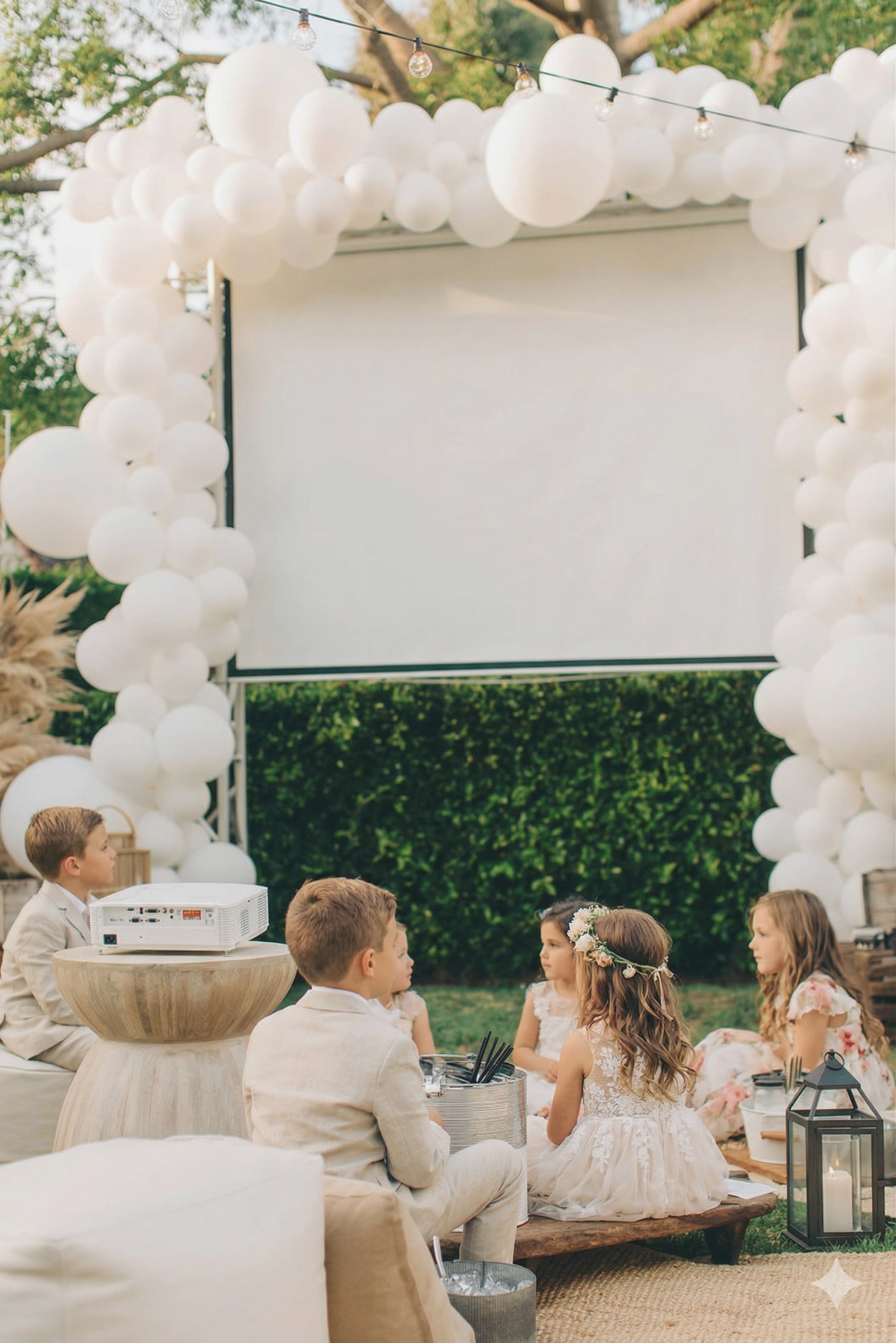 Kinderen kijken naar een buitenfilm bij een bruiloft