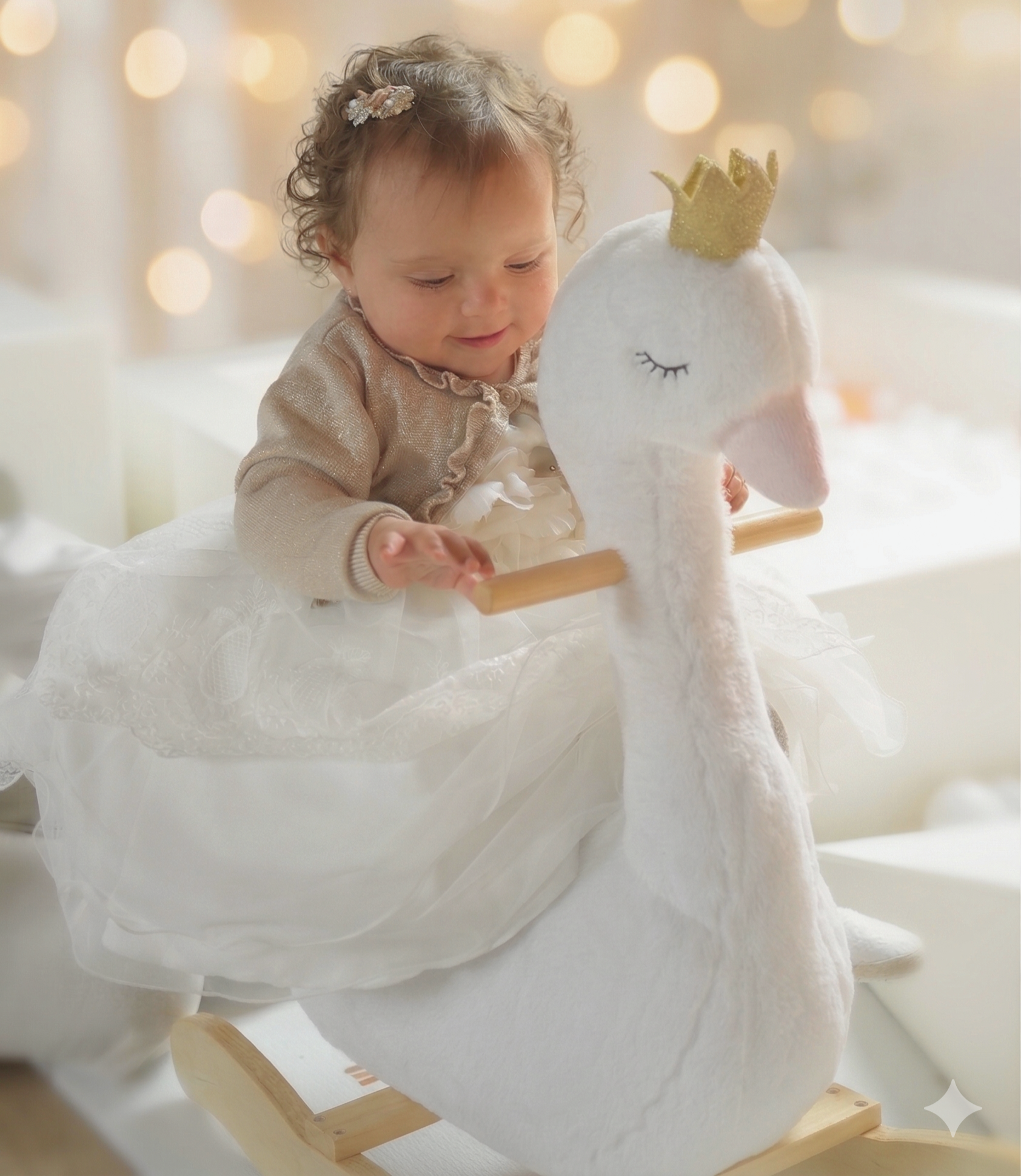 Baby op een witte zwaan — Happy Little Nest