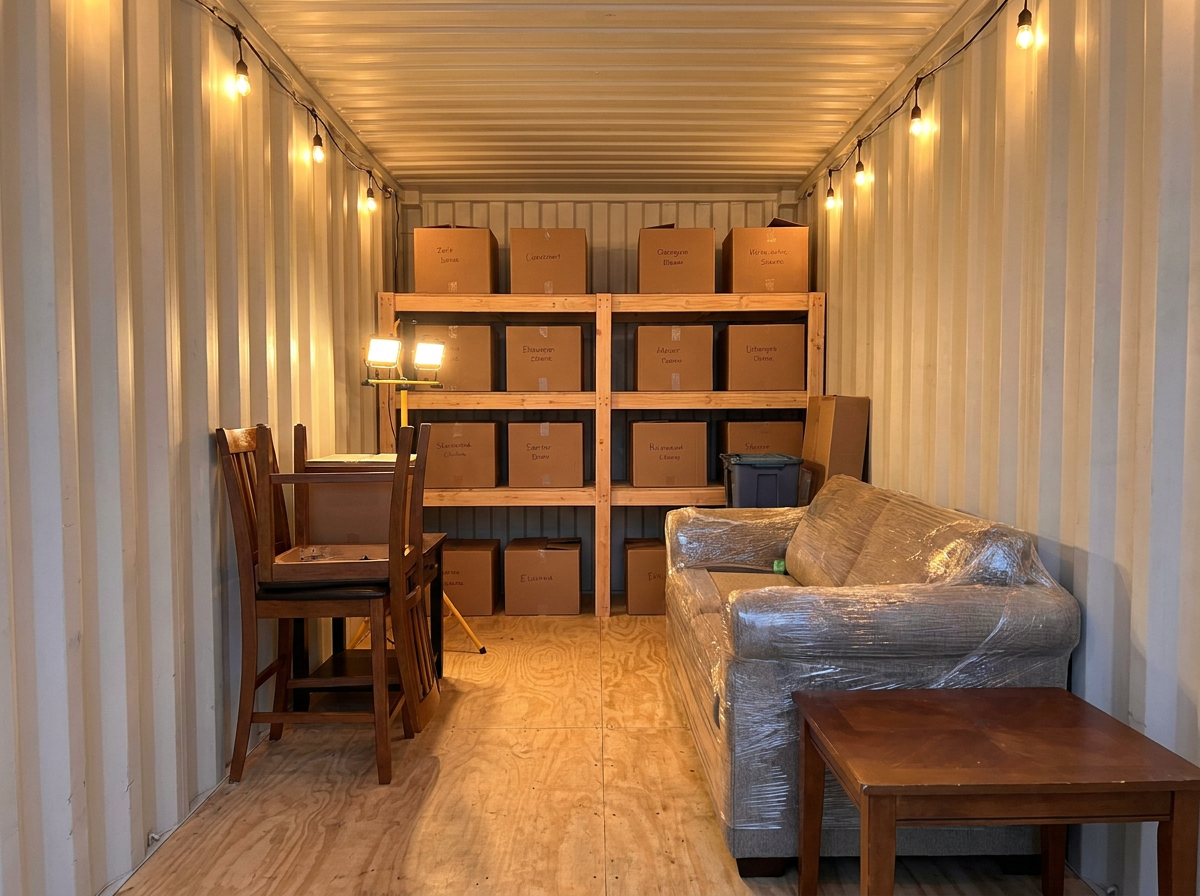 Inside a clean 20ft storage container