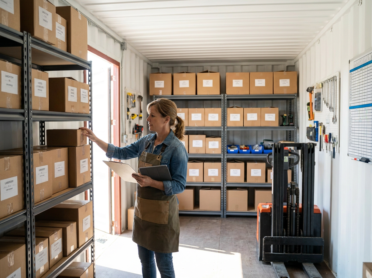 Business stock organised in storage container