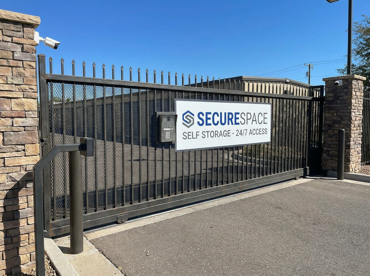 Secure gated entrance to storage facility