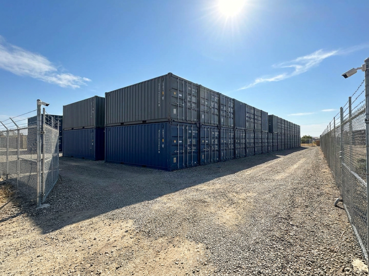 Row of shipping containers in a secure storage yard