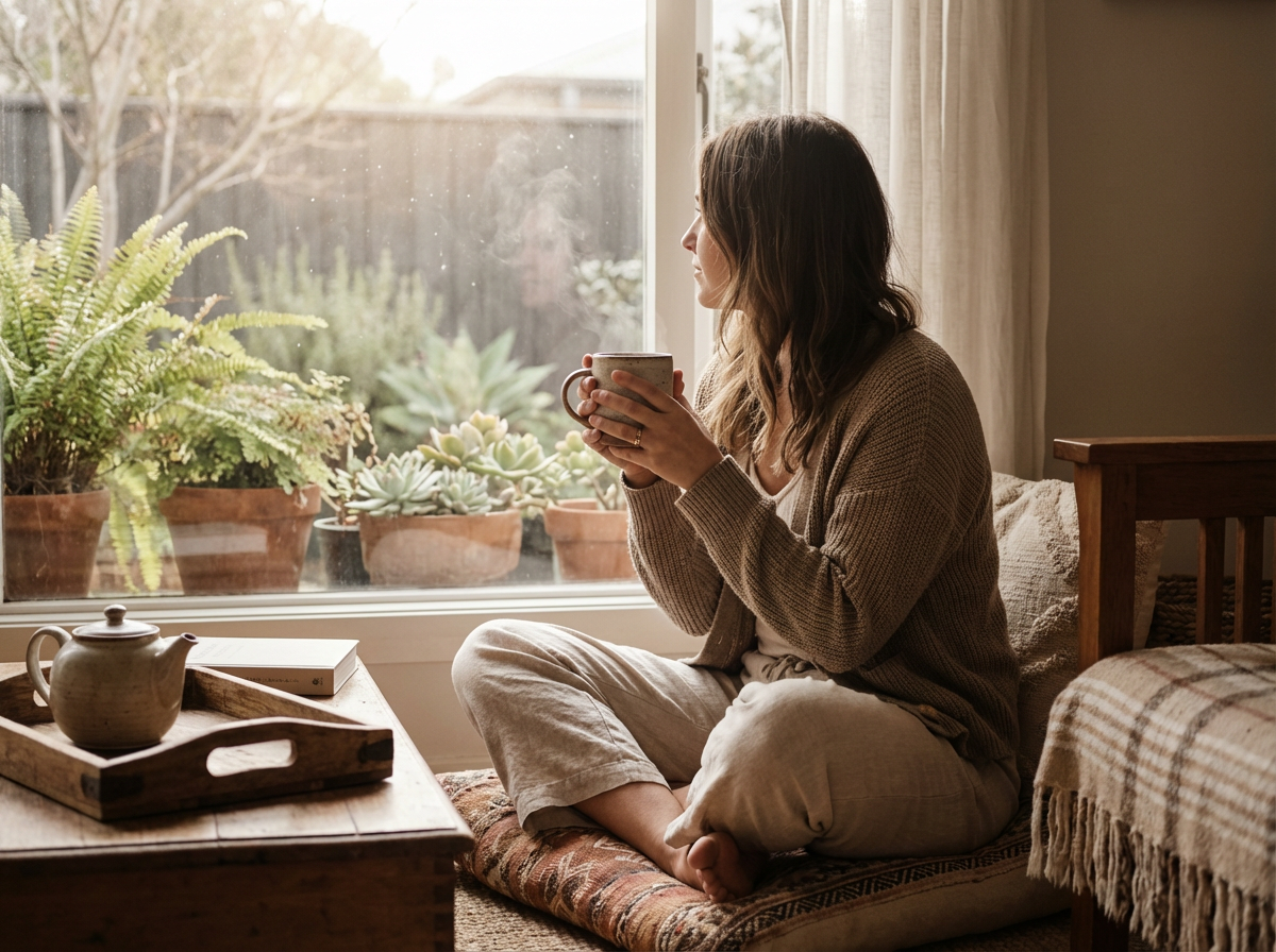 Woman drinking herbal detox tea mindfully