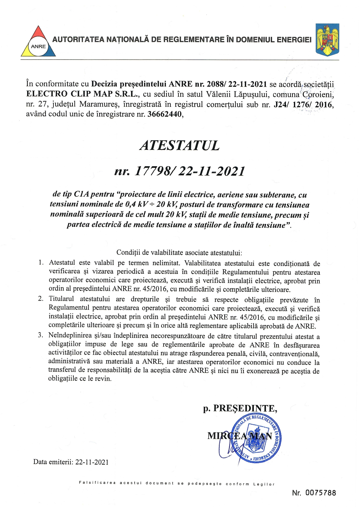 Certificat ANRE C1A Electro Clip Map
