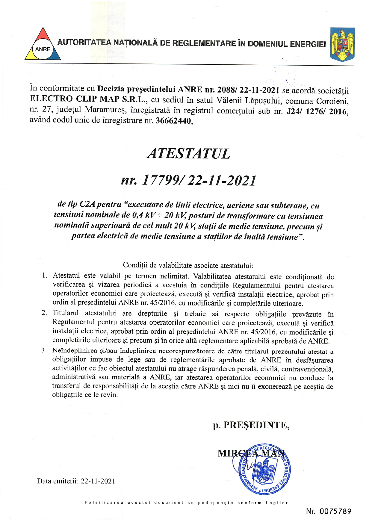 Certificat ANRE C2A Electro Clip Map